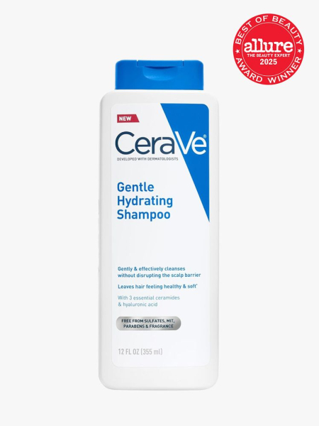 CeraVe Gentle Hydrating Shampoo in branded component with best of beauty 2025 seal in the top right corner on a light gray background