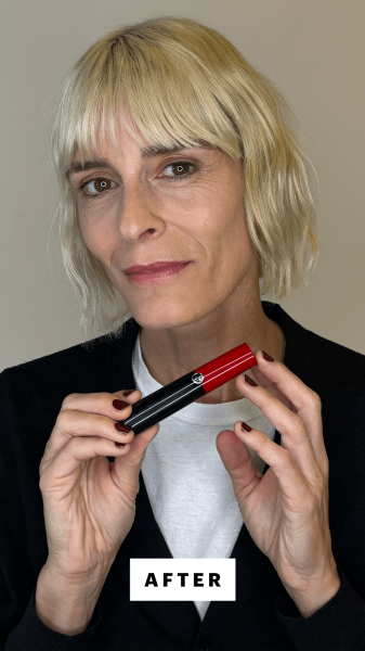 Allure's tester after applying the Armani Beauty Lip Power Longwear Satin Lipstick